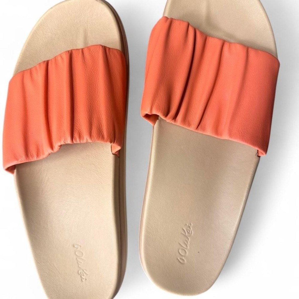 Olukai Pihapiha Coral Orange Leather Ruched Slide Sandals Womens Size 9 EUR 39